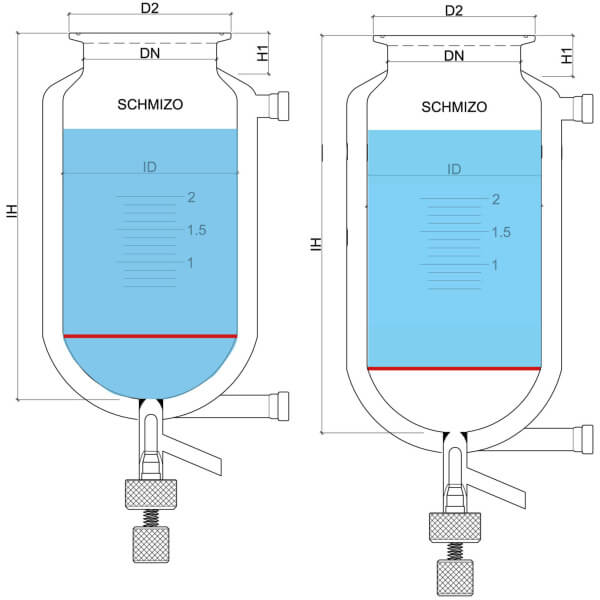 Variante 1 (links): Volumen gemessen bis zum Boden des Reaktors. Variante 2 (rechts): Volumen gemessen bis zur Filterplatte.
