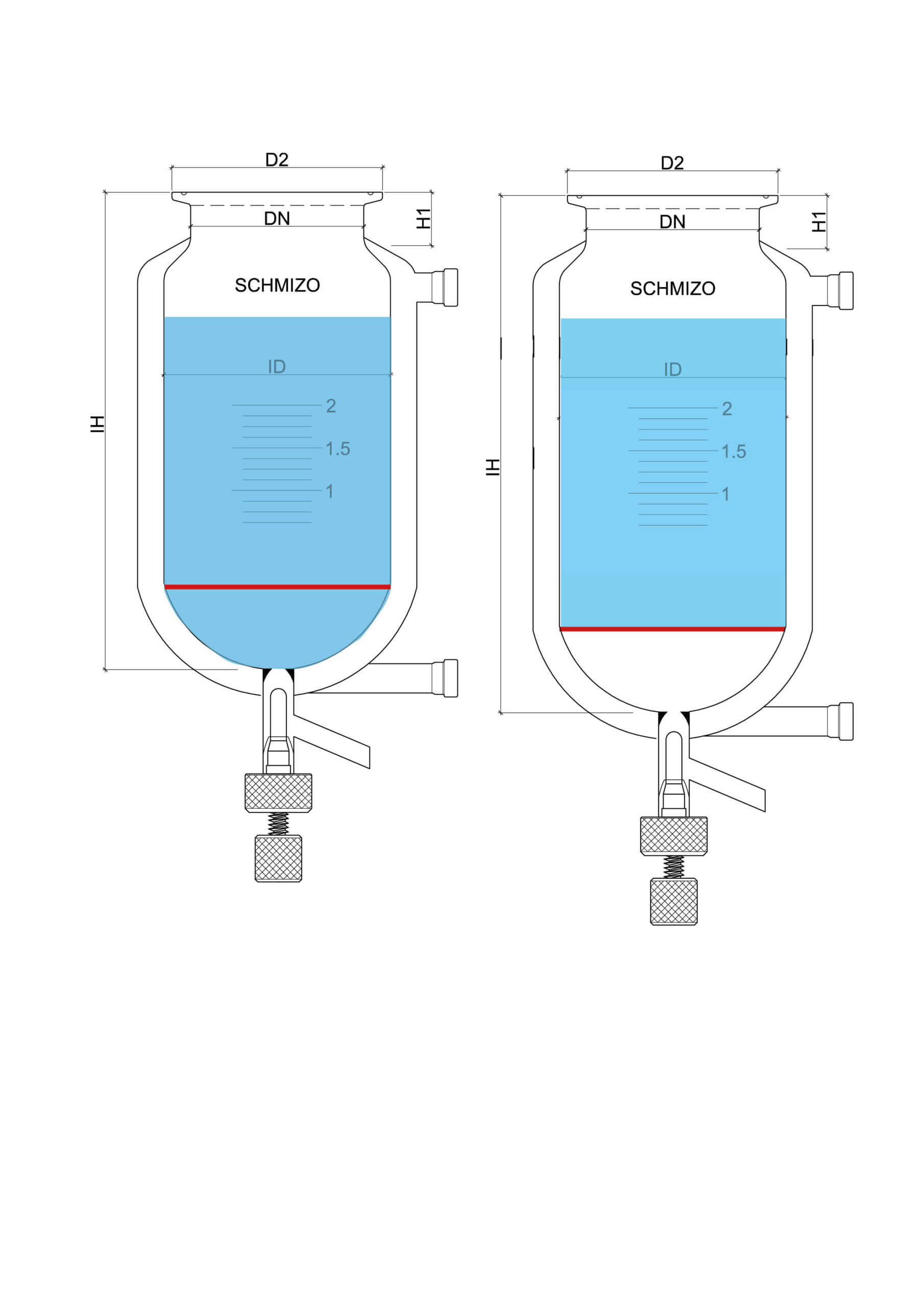 Variante 1 (links): Volumen gemessen bis zum Boden des Reaktors. Variante 2 (rechts): Volumen gemessen bis zur Filterplatte.